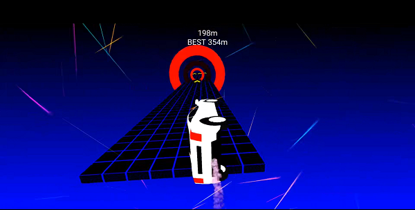 Slope Car game showing a sports car speeding down a neon slope toward a gap and ramp