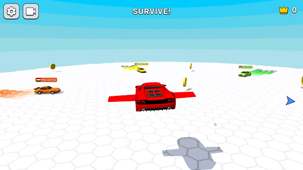Survival Race game arena showing hexagonal tiles and multiple cars at match start